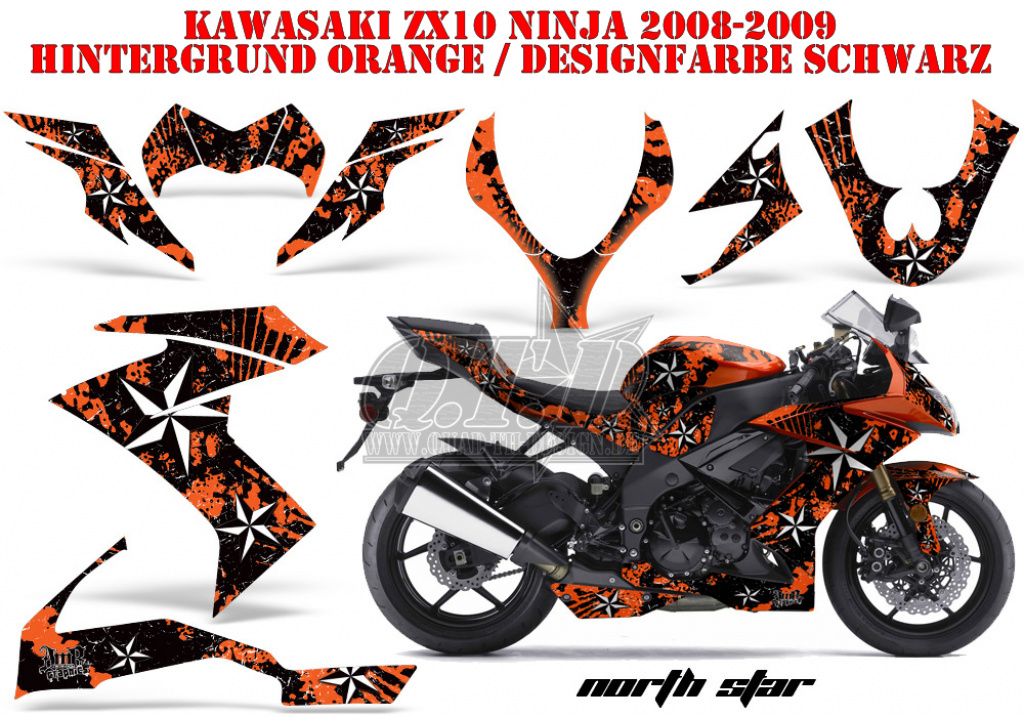 Northstar Hintergrund = Orange, Designfarbe = Schwarz für Kawasaki ZX10 Ninja Sport 2008-2009