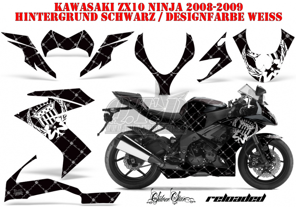 SilverStar - Reloaded Hintergrund = Schwarz, Designfarbe = Weiß für Kawasaki ZX10 Ninja Sport 2008-2009
