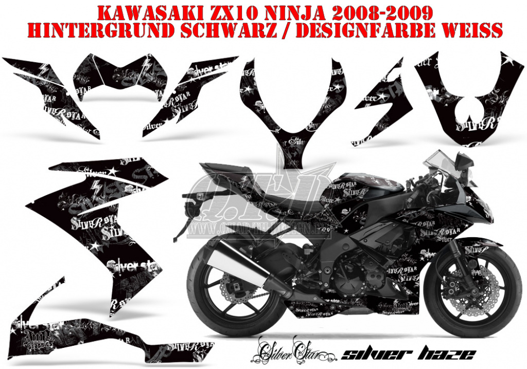 SilverStar - Silverhaze Hintergrund = Schwarz, Designfarbe = Weiß für Kawasaki ZX10 Ninja Sport 2008-2009