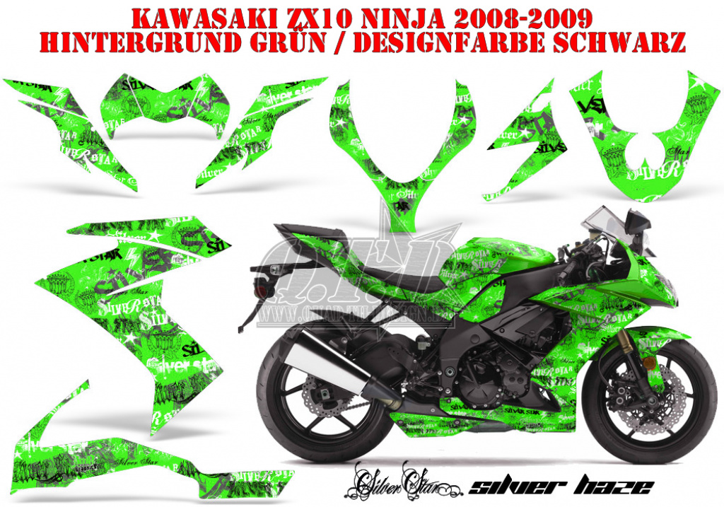 SilverStar - Silverhaze Hintergrund = Grün, Designfarbe = Schwarz für Kawasaki ZX10 Ninja Sport 2008-2009