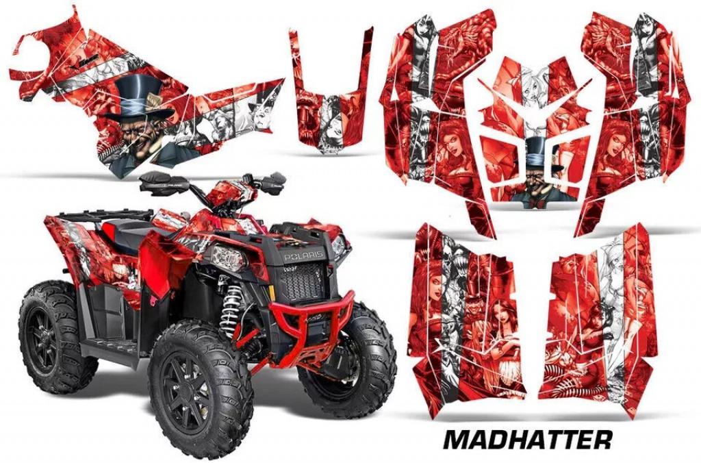 Mad Hatter Hintergrund = Rot, Designfarbe = Weiß für Polaris Scrambler 850/1000 XP 2013-2022