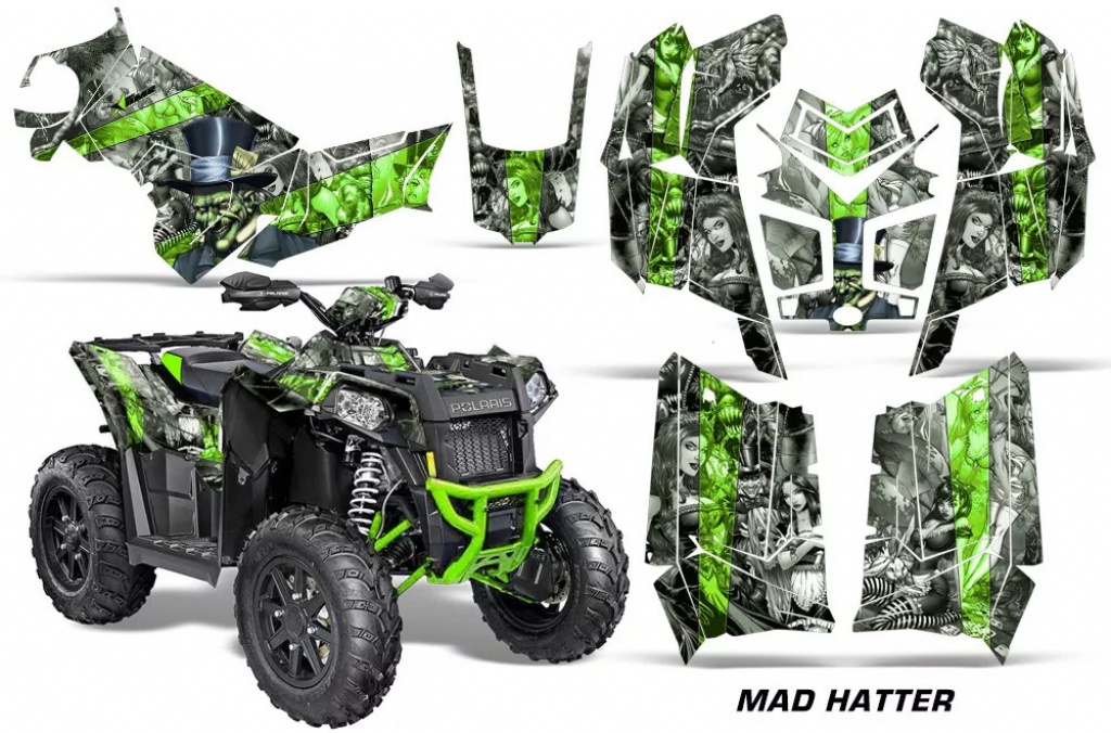 Mad Hatter Hintergrund = Silber, Designfarbe = Grün für Polaris Scrambler 850/1000 XP 2013-2022