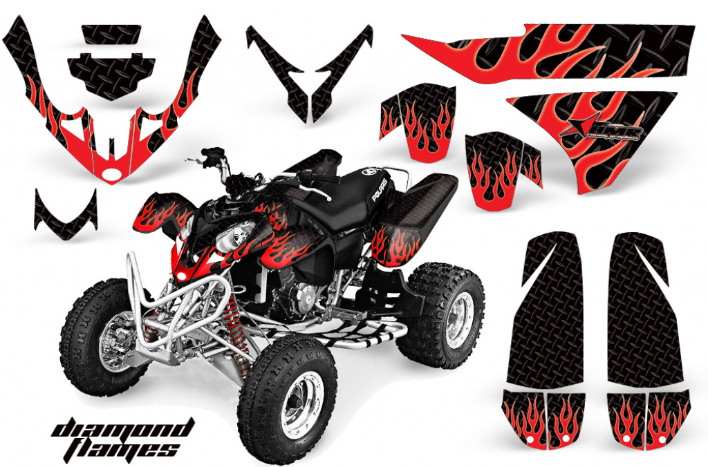 Diamond Flames Hintergrund = Schwarz, Designfarbe = Rot für Polaris Predator 500