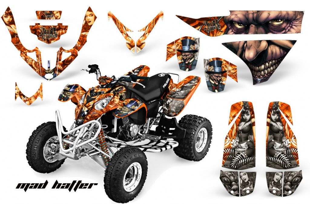 Mad-Hatter Hintergrund = Orange, Designfarbe = Silber für Polaris Predator 500