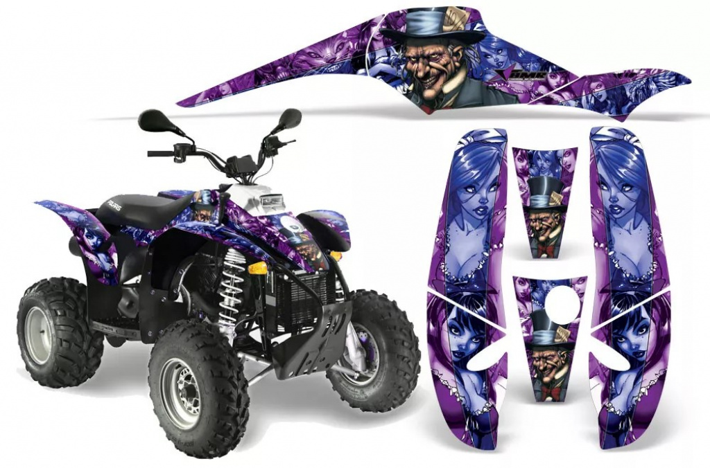 Mad-Hatter Hintergrund = Lila, Designfarbe = Blau für Polaris Scrambler 1985-2009