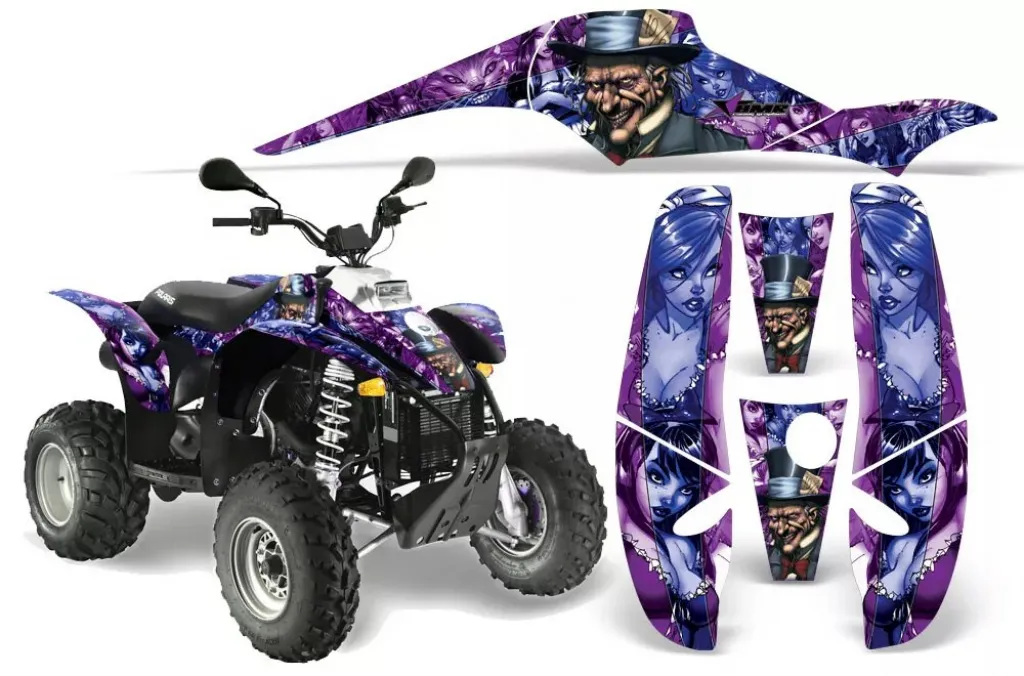 Mad-Hatter Hintergrund = Lila, Designfarbe = Blau für Polaris Scrambler 1985-2009