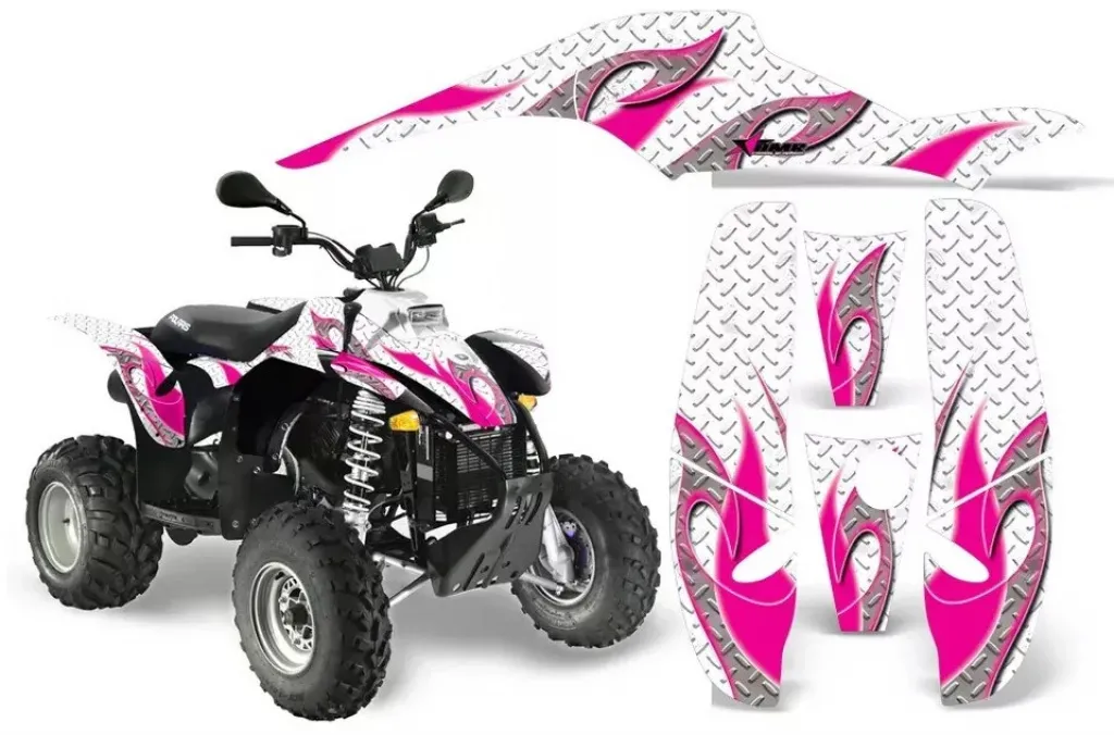 Tribal Flames Hintergrund = Weiß, Designfarbe = Pink für Polaris Scrambler 1985-2009