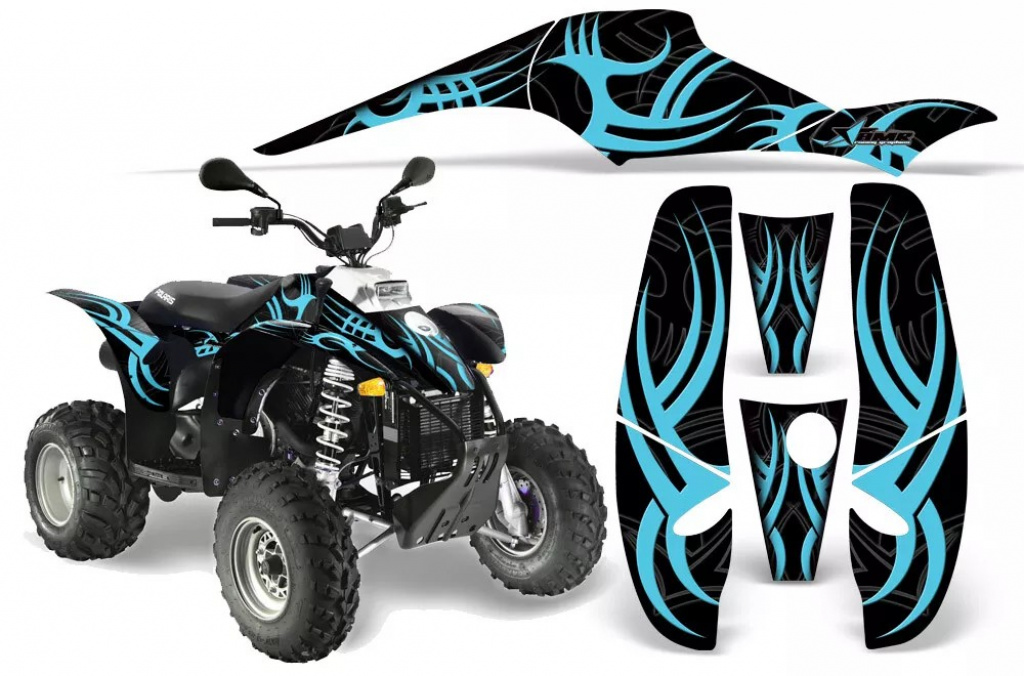 Tribe Hintergrund = Schwarz, Designfarbe = Blau für Polaris Scrambler 1985-2009