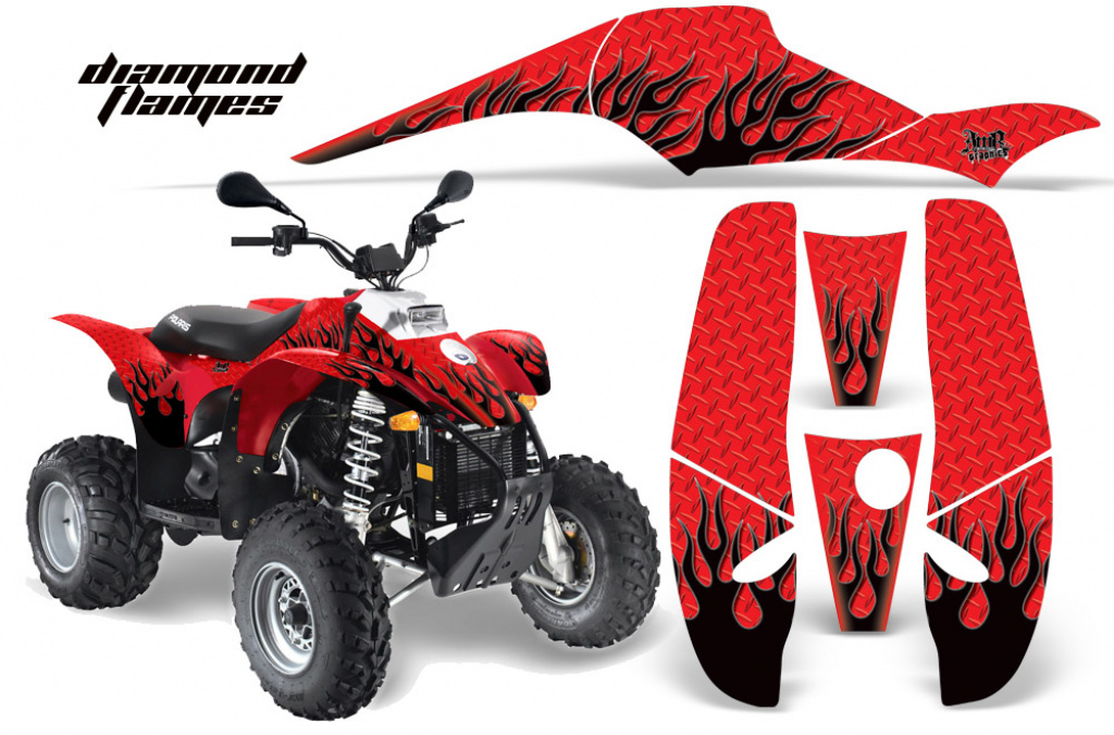 Diamond Flames Hintergrund = Rot, Designfarbe = Schwarz für Polaris Scrambler 1985-2009