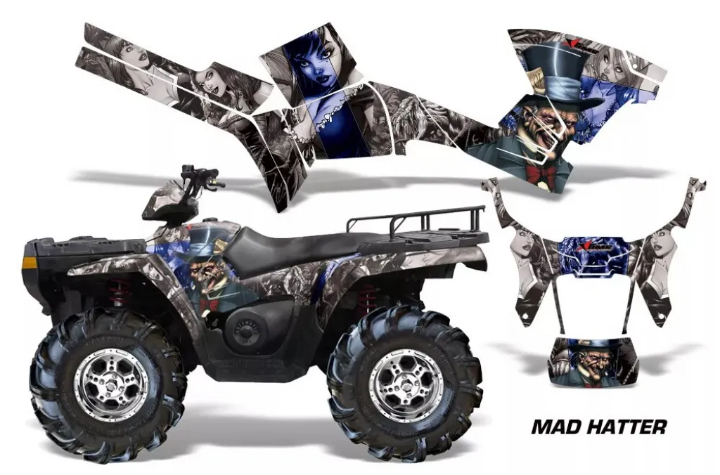 Mad-Hatter Hintergrund = Silber, Designfarbe = Blau für Polaris Sportsman 800/700/500 05-10