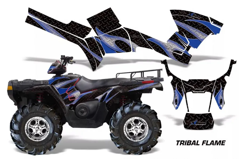 Tribal Flames Hintergrund = Schwarz, Designfarbe = Blau für Polaris Sportsman 800/700/500 05-10
