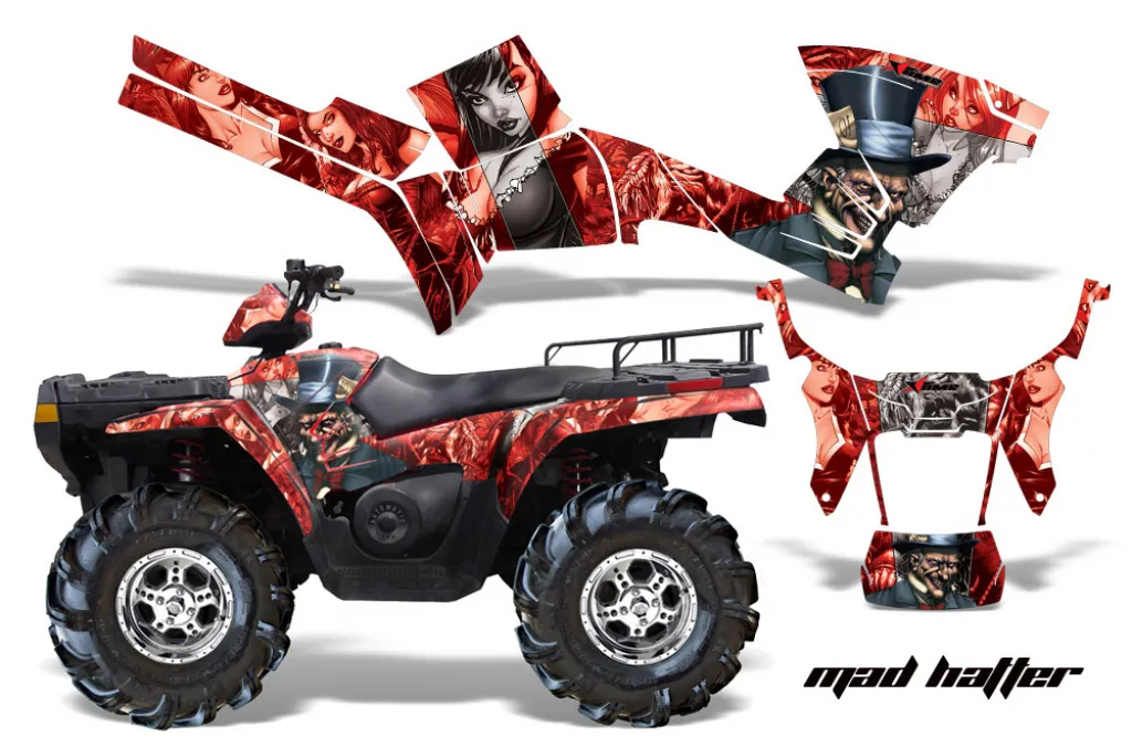 Mad-Hatter Hintergrund = Rot, Designfarbe = Silber für Polaris Sportsman 800/700/500 05-10