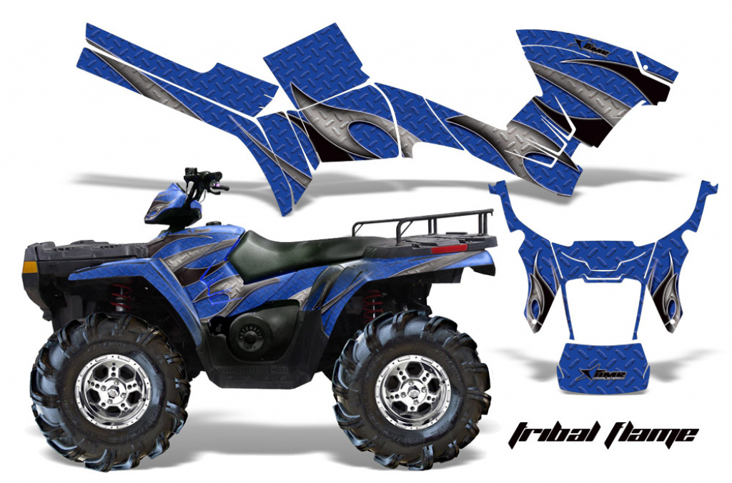 Tribal Flames Background = Blue, Design color = Black for Polaris Sportsman 800/700/500 05-10