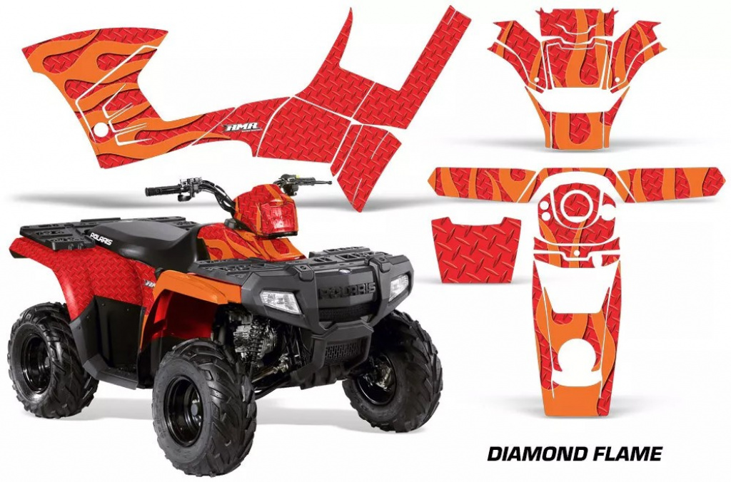 Diamond Flames Background = Red, Design color = Orange for Polaris Sportsman 90/110