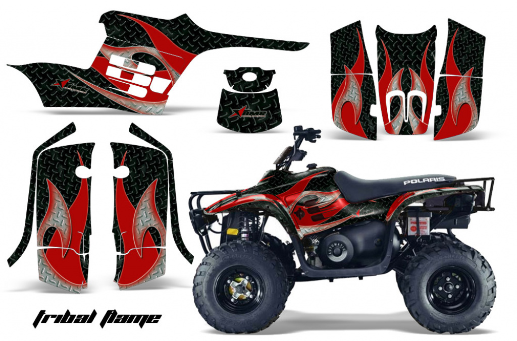 Tribal Flames Hintergrund = Schwarz, Designfarbe = Rot für Polaris Trailboss 330 04-09