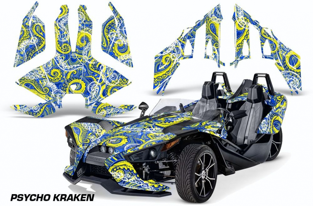 Psycho Kraken Hintergrund = Blau, Designfarbe = Gelb für Polaris Slingshot SL15-23