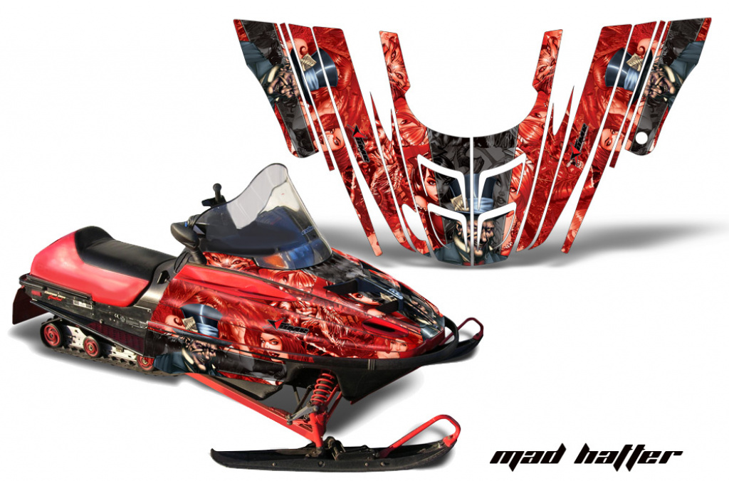 Mad-Hatter Hintergrund = Rot, Designfarbe = Schwarz für Polaris 700XC/800XCR/600RMK/Touring 99-03