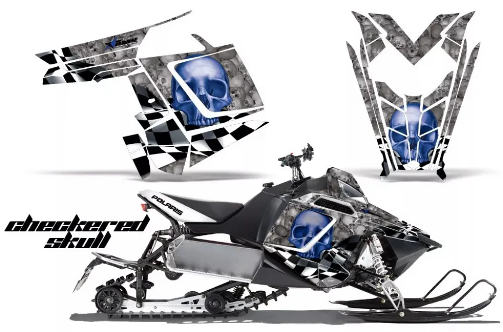 Checkered Skull Hintergrund = Silber, Designfarbe = Blau für Polaris PRO-R/RMK/Rush/Switchback/Assault 11-16