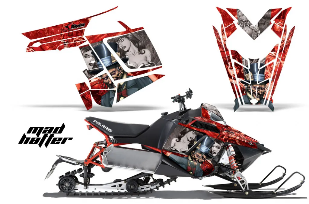 Mad-Hatter Hintergrund = Rot, Designfarbe = Silber für Polaris PRO-R/RMK/Rush/Switchback/Assault 11-16