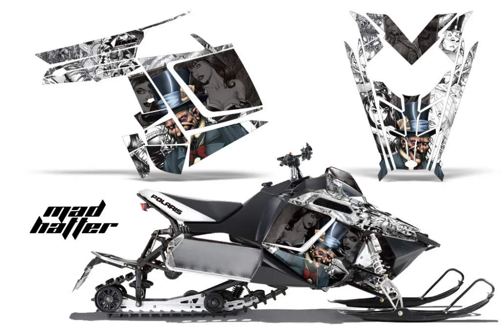 Mad-Hatter Hintergrund = Weiß, Designfarbe = Schwarz für Polaris PRO-R/RMK/Rush/Switchback/Assault 11-16