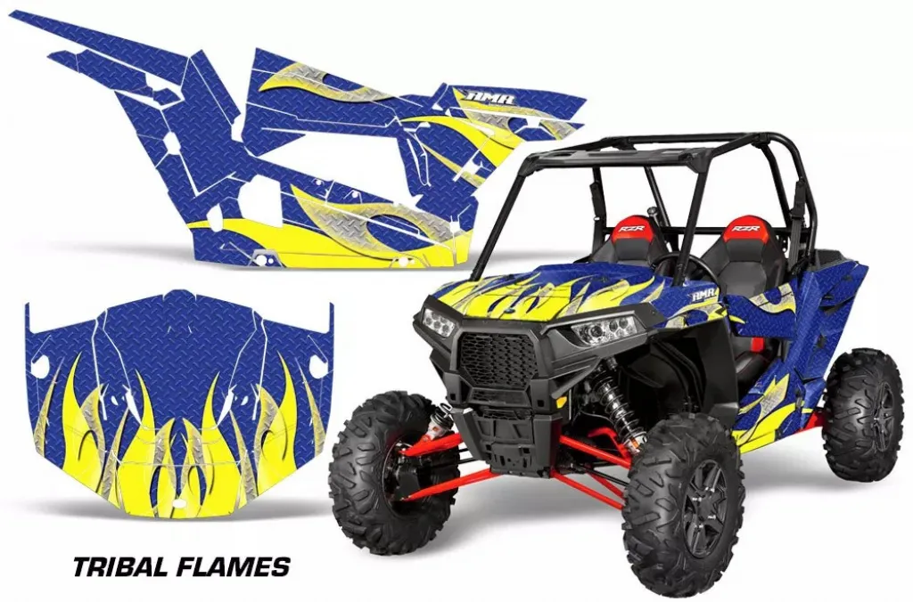 Tribal Flames Hintergrund = Blau, Designfarbe = Gelb für Polaris RZR 1000 Turbo 2 Türer 13-18