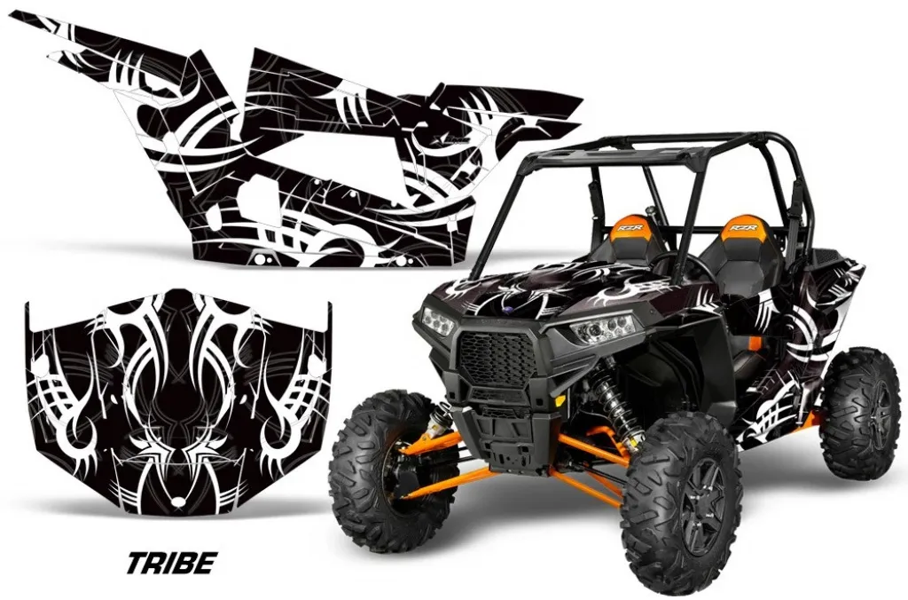 Tribe Hintergrund = Schwarz, Designfarbe = Weiß für Polaris RZR 1000 Turbo 2 Türer 13-18