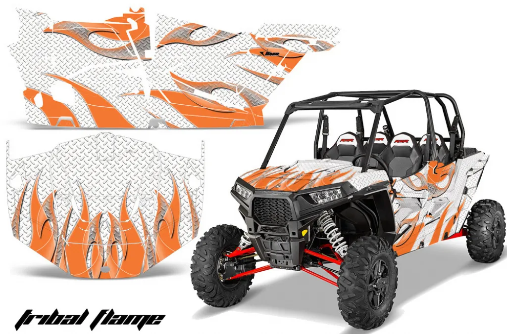 Tribal Flames Hintergrund = Weiß, Designfarbe = Orange für Polaris RZR 1000 XP 4 Türer 13-18
