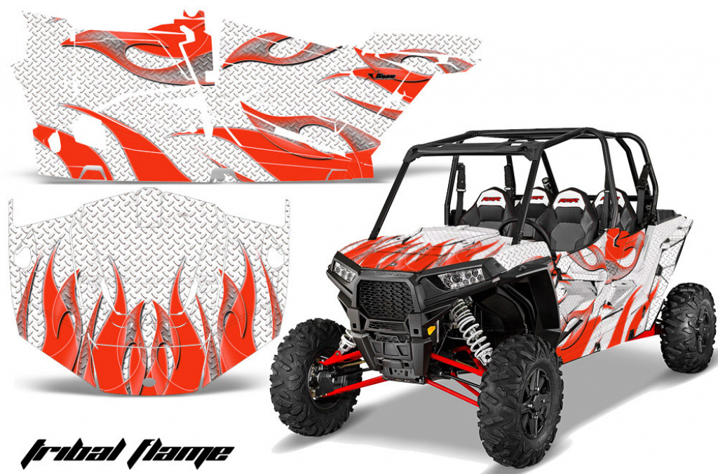 Tribal Flames Hintergrund = Weiß, Designfarbe = Rot für Polaris RZR 1000 XP 4 Türer 13-18