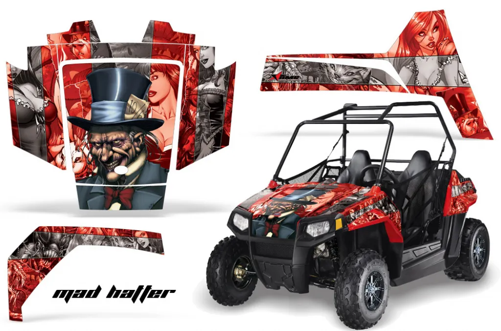 Mad-Hatter Hintergrund = Rot, Designfarbe = Silber für Polaris RZR 170