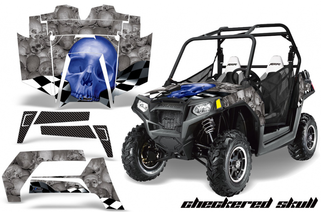 Checkered Skull Hintergrund = Silber, Designfarbe = Blau für Polaris RZR 800/s 11-14