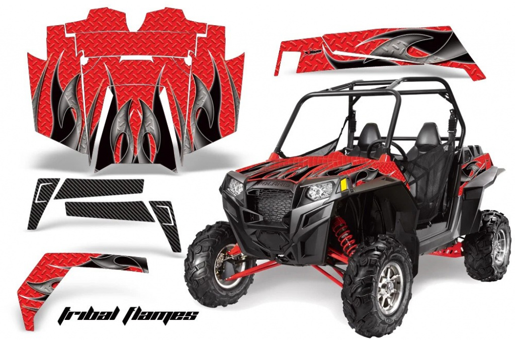 Tribal Flames Hintergrund = Rot, Designfarbe = Schwarz für Polaris RZR 900XP 11-14