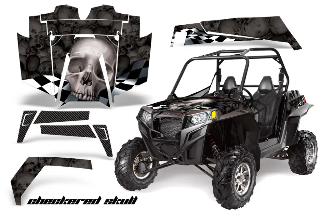 Checkered Skull Hintergrund = Schwarz, Designfarbe = Silber für Polaris RZR 900XP 11-14