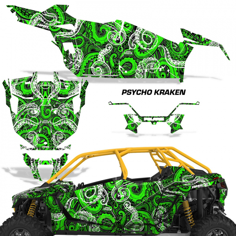 Psycho Kraken Hintergrund = Schwarz, Designfarbe = Grün für Polaris RZR Pro XP 4 Türer 20-24