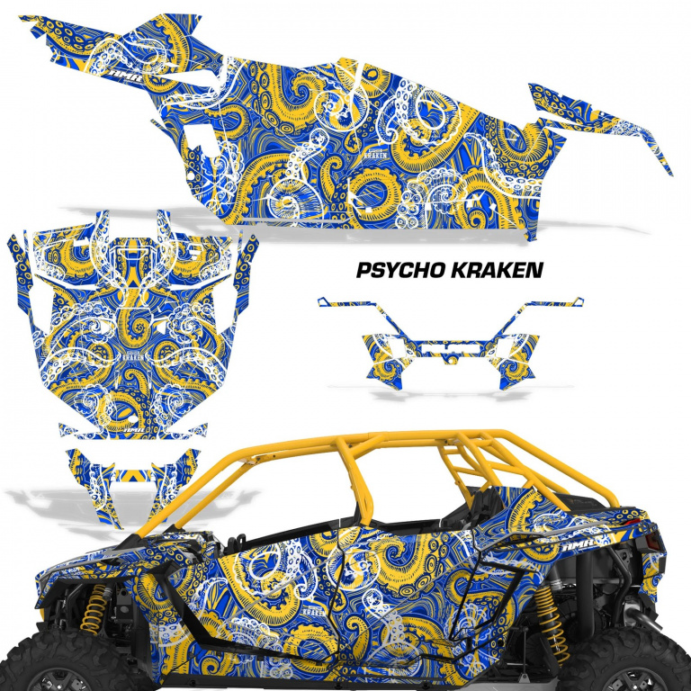 Psycho Kraken Hintergrund = Blau, Designfarbe = Gelb für Polaris RZR Pro XP 4 Türer 20-24