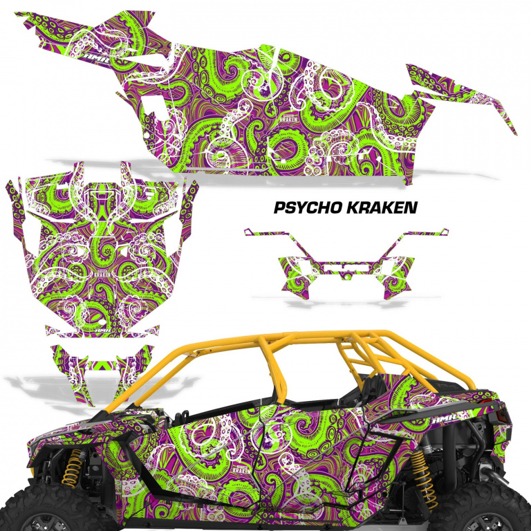 Psycho Kraken Hintergrund = Lila, Designfarbe = Grün für Polaris RZR Pro XP 4 Türer 20-24