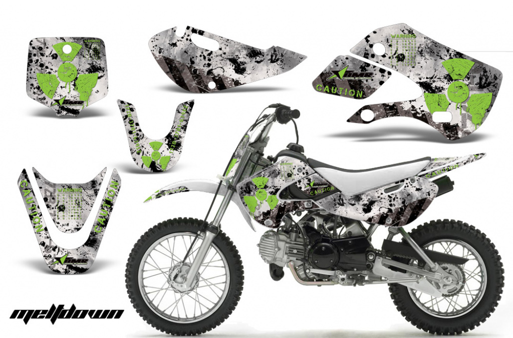 Meltdown Hintergrund = Weiß, Designfarbe = Grün mit Nummernfeldern für Suzuki RM 65 All Years