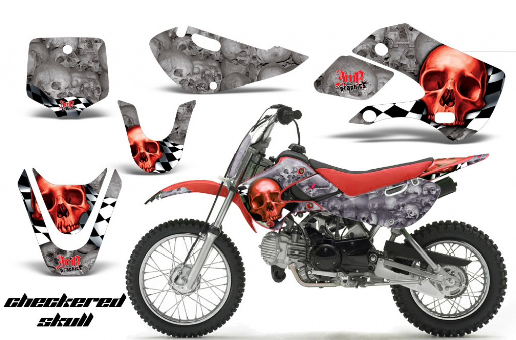 Checkered Skull Hintergrund = Silber, Designfarbe = Rot mit Nummernfeldern für Suzuki RM 65 All Years