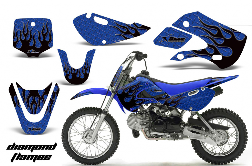 Diamond Flames Hintergrund = Blau, Designfarbe = Schwarz mit Nummernfeldern für Suzuki RM 65 All Years