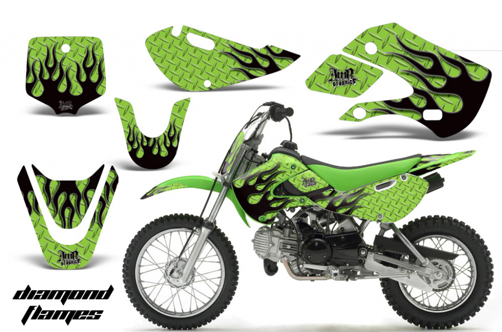Diamond Flames Hintergrund = Grün, Designfarbe = Schwarz mit Nummernfeldern für Suzuki RM 65 All Years