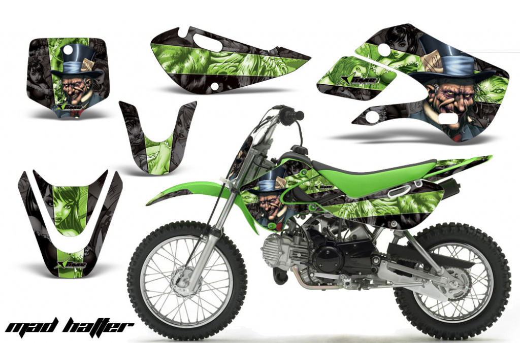 Mad-Hatter Hintergrund = Schwarz, Designfarbe = Grün mit Nummernfeldern für Suzuki RM 65 All Years