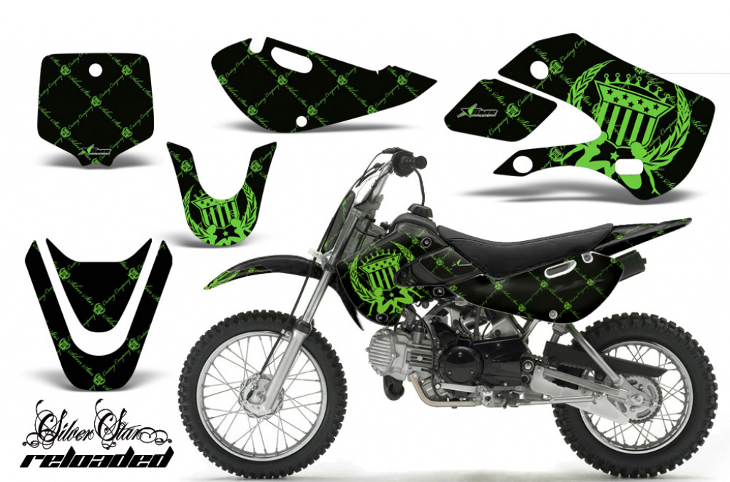 SilverStar-Reloaded Hintergrund = Schwarz, Designfarbe = Grün mit Nummernfeldern für Suzuki RM 65 All Years