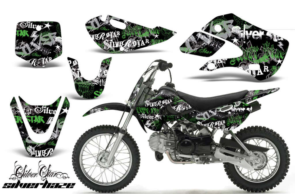SilverStar-Silverhaze Hintergrund = Schwarz, Designfarbe = Grün mit Nummernfeldern für Suzuki RM 65 All Years