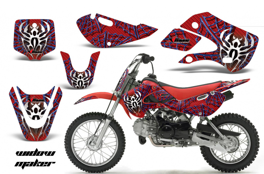 Widow Maker Hintergrund = Rot, Designfarbe = Blau mit Nummernfeldern für Suzuki RM 65 All Years