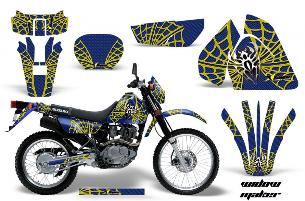 Widow Maker Hintergrund = Blau, Designfarbe = Gelb mit Nummernfeldern für Suzuki DRZ 200 SE 1996-2009