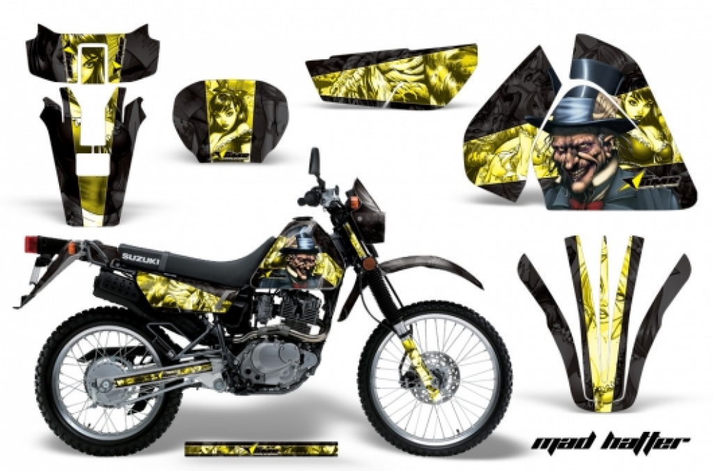Mad-Hatter Hintergrund = Schwarz, Designfarbe = Gelb mit Nummernfeldern für Suzuki DRZ 200 SE 1996-2009
