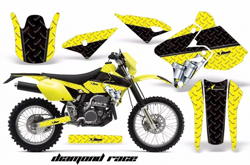 Diamond Race Hintergrund = Gelb, Designfarbe = Schwarz ohne Nummernfeldern für Suzuki DRZ 400 S/SM 2000-2023