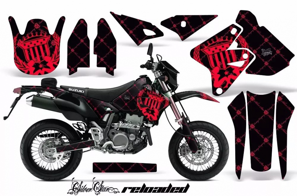 SilverStar-Reloaded Hintergrund = Schwarz, Designfarbe = Rot ohne Nummernfeldern für Suzuki DRZ 400 S/SM 2000-2023
