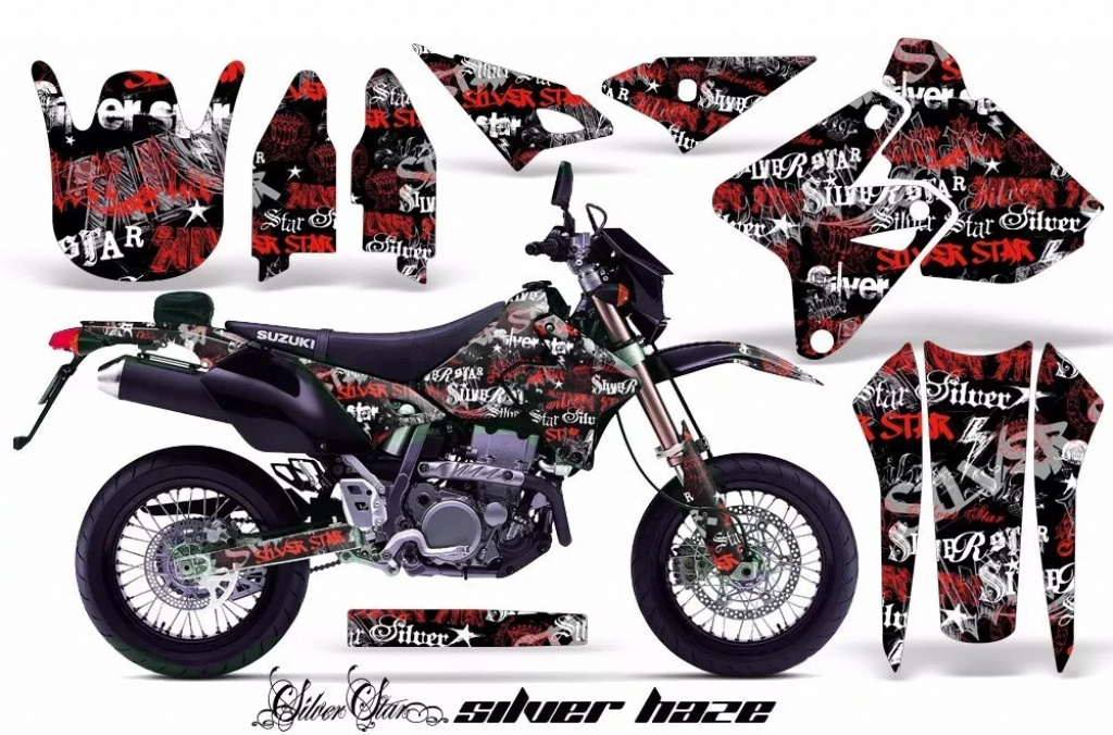 SilverStar-Silverhaze Hintergrund = Schwarz, Designfarbe = Rot ohne Nummernfeldern für Suzuki DRZ 400 S/SM 2000-2023