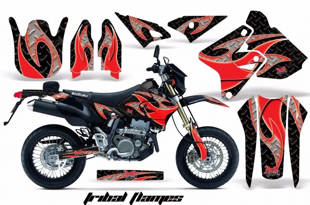 Tribal Flames Hintergrund = Schwarz, Designfarbe = Rot ohne Nummernfeldern für Suzuki DRZ 400 S/SM 2000-2023