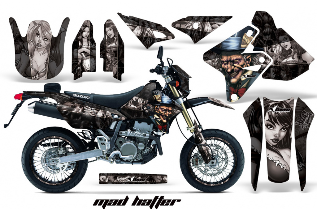 Mad-Hatter Hintergrund = Schwarz, Designfarbe = Sllber mit Nummernfeldern für Suzuki DRZ 400 S/SM 2000-2023